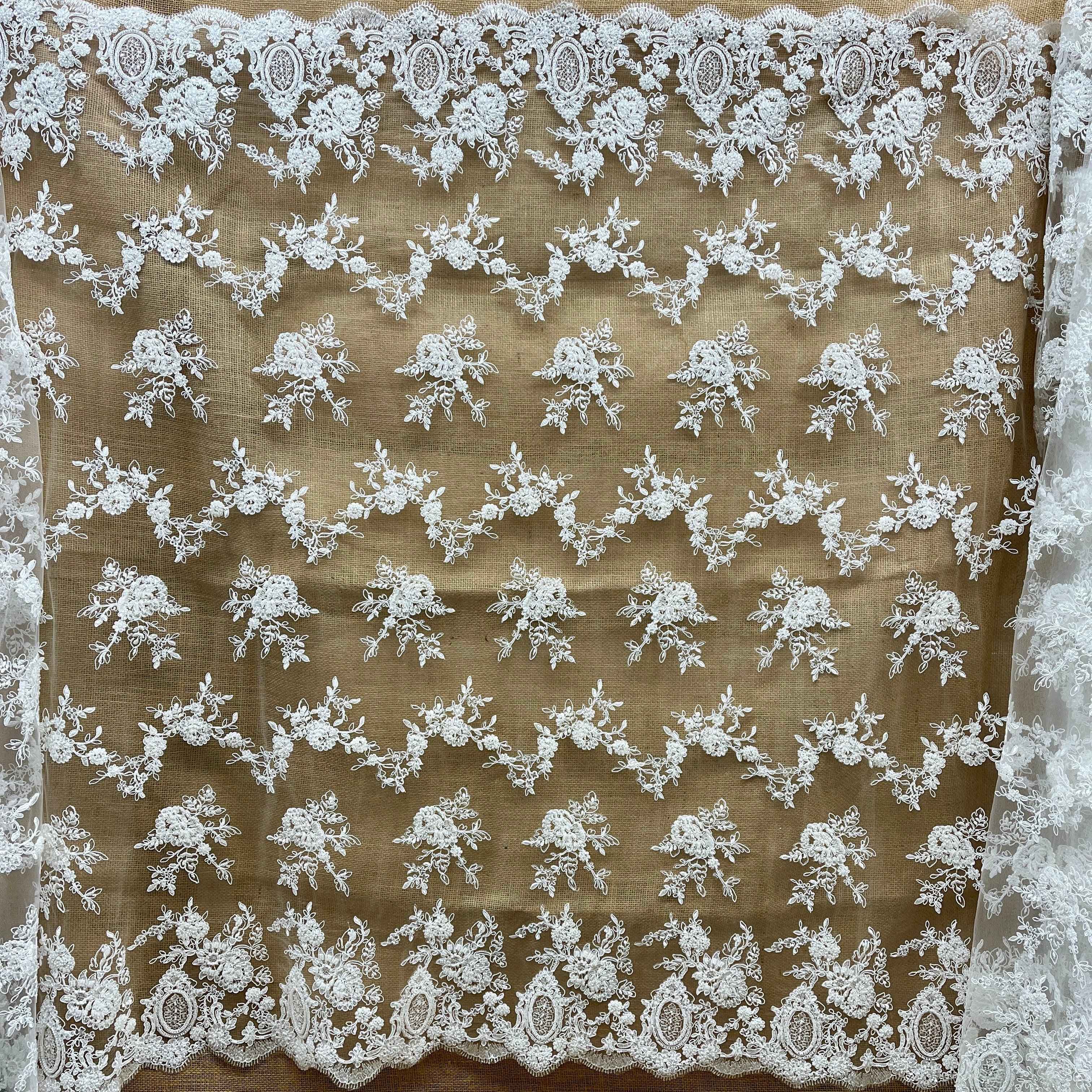 Beaded & Corded Bridal Lace Fabric Embroidered on 100% Polyester Net Mesh | Lace USA - 96788W-HB-0