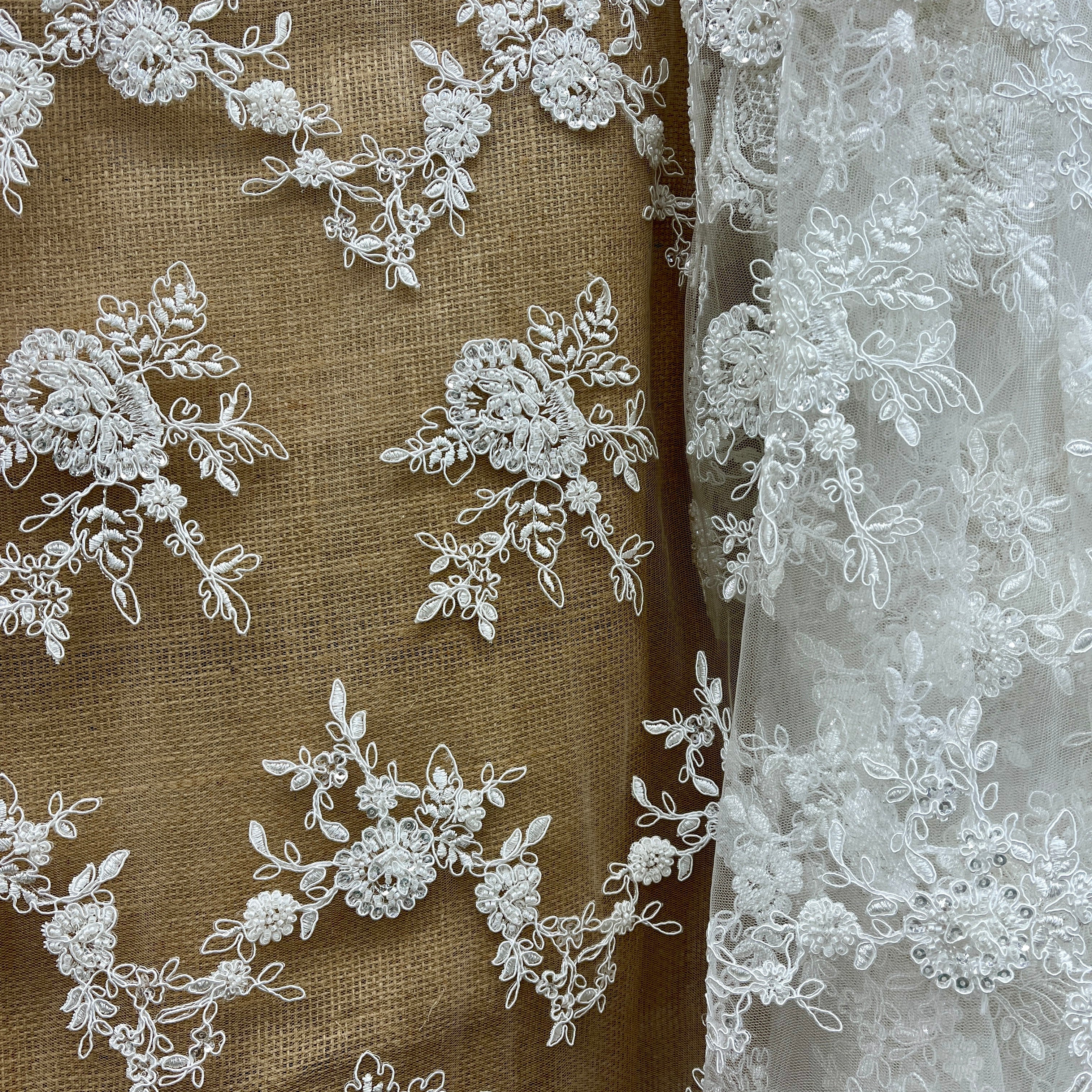 Beaded & Corded Bridal Lace Fabric Embroidered on 100% Polyester Net Mesh | Lace USA - 96788W-HB-2