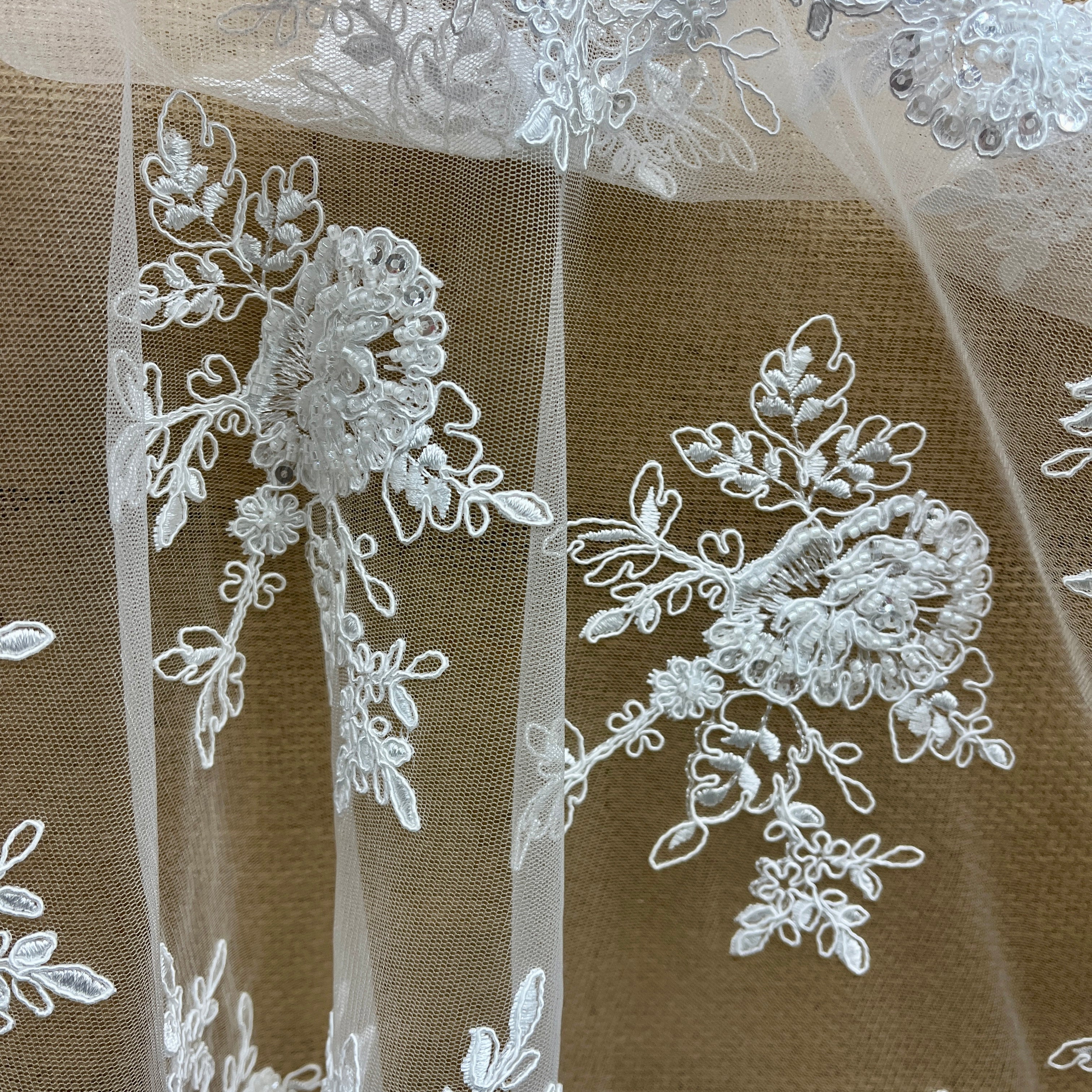 Beaded & Corded Bridal Lace Fabric Embroidered on 100% Polyester Net Mesh | Lace USA - 96788W-HB-4